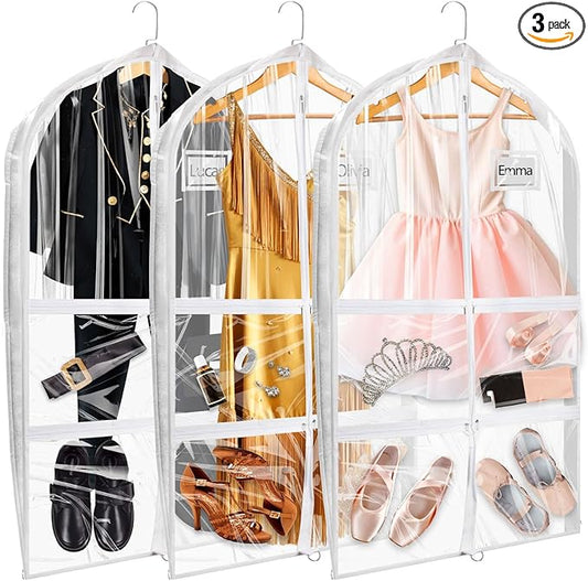 Garment Bags for Dance Costumes, Upgraded 40 inch Kids Clear Dance Competition Garment Bags for Dancers Hanging Clothes with 5 Zipper Pockets for Cheer, Ballet, Travel, Clear White- 3 Pack