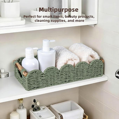 CubesLand Bathroom Basket Organizer w/Cut Out Handle, Back of Toilet Paper Storage Baskets for Bathroom Countertop Decorative, Small Scalloped Wicker Basket Also for Home Decor, Living Room, Green