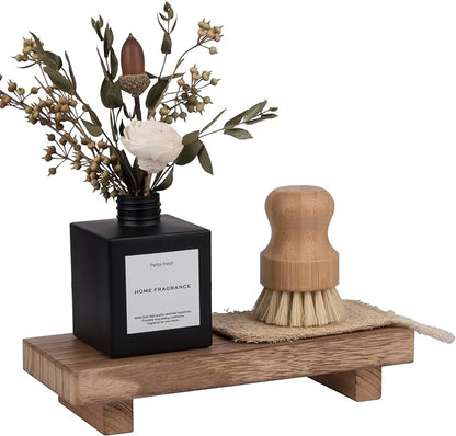 zoocatia Small Wood Tray Pedestal Stand Farmhouse Bathroom Decor Decorative Wooden Riser Kitchen Soap Dish Holder for Vanity, Counter, Sink, Brown