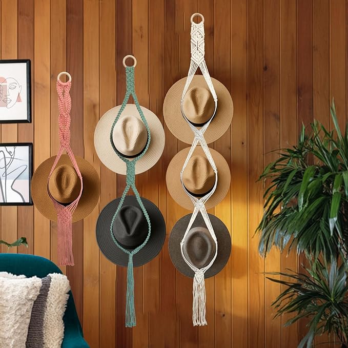 Besoamo Macrame Hat Hanger for Wall, Boho Hat Rack for Wall Hanging Hat Display, Hand-woven Hat Organizer for Wide-Brim Hat, Decorative Bohemian Hat Storage Cowboy Hat Holder(3 Styles and 3 Colors)