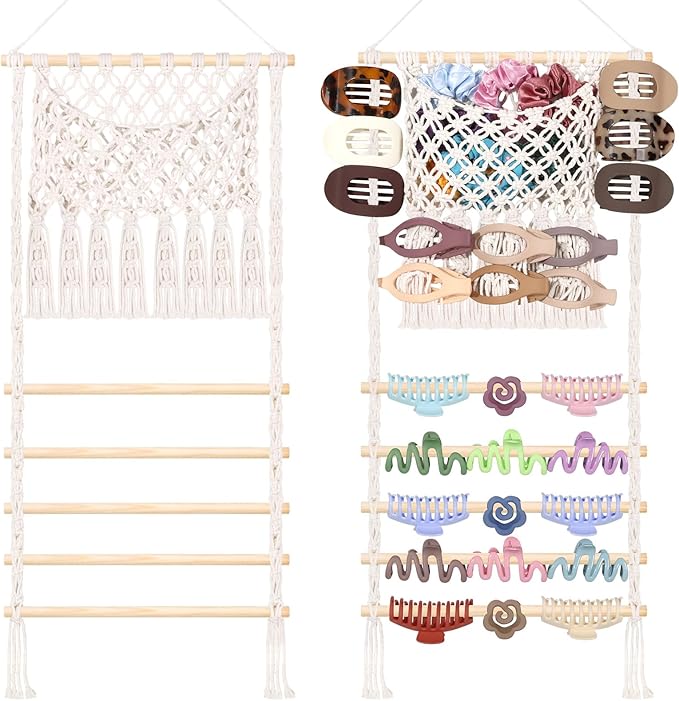 SNOWSTAR Macrame Hair Claw Clip Organizer,Large Capacity Mesh Bag Scrunchies Holder and Hair Ties Organizer for Women Girls,Hair Accessorie Hanging Storage Home Decor Wall,Door