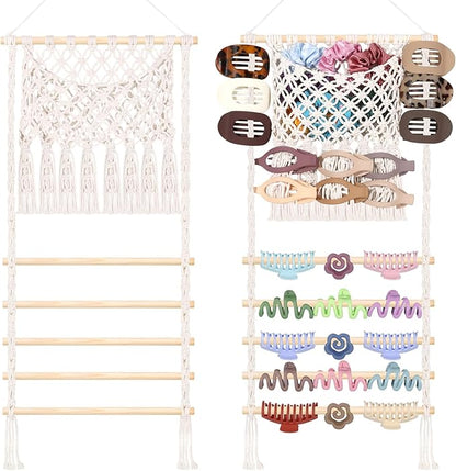 SNOWSTAR Macrame Hair Claw Clip Organizer,Large Capacity Mesh Bag Scrunchies Holder and Hair Ties Organizer for Women Girls,Hair Accessorie Hanging Storage Home Decor Wall,Door