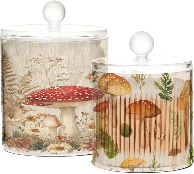 2 Pack Qtip Dispenser Apothecary Jars with Lids Cotton Round Holder Bathroom Canisters for Cotton Swab Floss Ball Pads Clear Plastic Decorative Watercolor Mushroom Beige