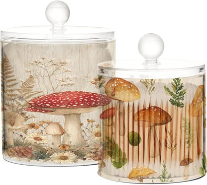 2 Pack Qtip Dispenser Apothecary Jars with Lids Cotton Round Holder Bathroom Canisters for Cotton Swab Floss Ball Pads Clear Plastic Decorative Watercolor Mushroom Beige