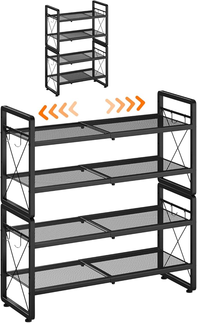 ELYKEN Shoe Rack, 4-Tier Expandable Shoe Organizer for Entryway, Metal Black Shoe Shelf with 8 Hooks, Adjustable Shoe Stand Holder for Closet, Garage, Door Entrance