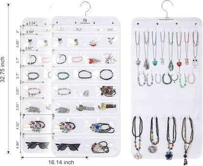 Freegrace Hanging Jewelry Organizer with Secure Zipper Closure - 360° Revolving Hanger, 25 Clear Pockets, 23 Necklace Hooks - Foldable Travel Storage & Closet Display (White)