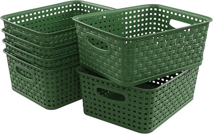Plastic Kitchen Basket, Woven Storage Baskets, 6 Packs Deep Green