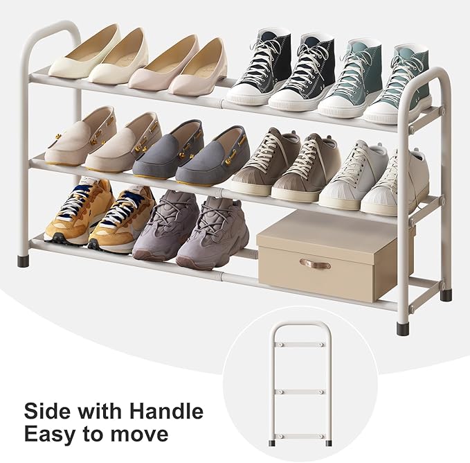 kiplant White Shoe Rack for Closet, 3-Tier Expandable Shoe Organizer for Closet, Metal Adjustable Black Shoe Shelf Storage Organizer, Free Standing Shoe Rack for Entryway Doorway