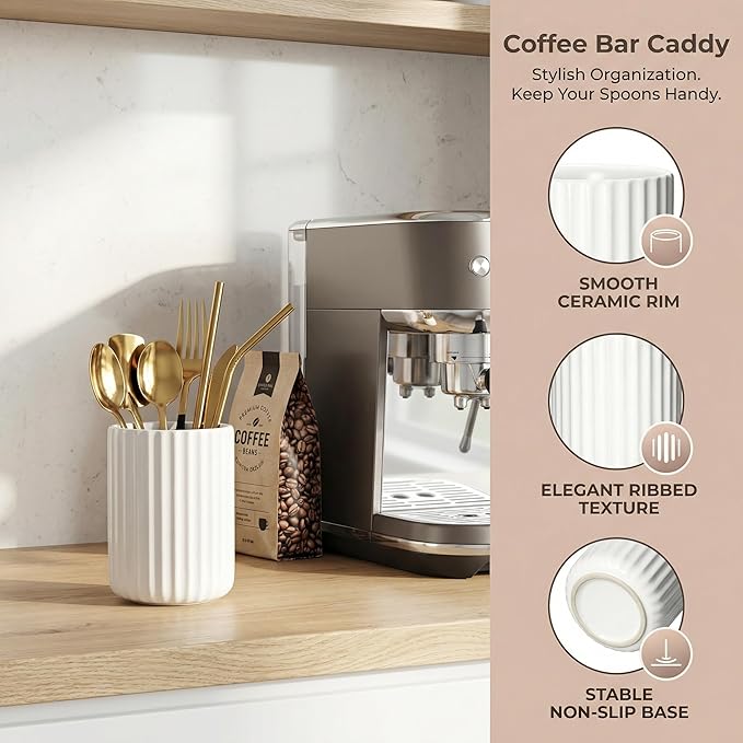 Ceramic Spoon Holder for Coffee Bar, Upright Tea Spoon Holder Cup, Coffee Stirrers Straws Stir Stick Holder, Spotted Beige Fluted Surface