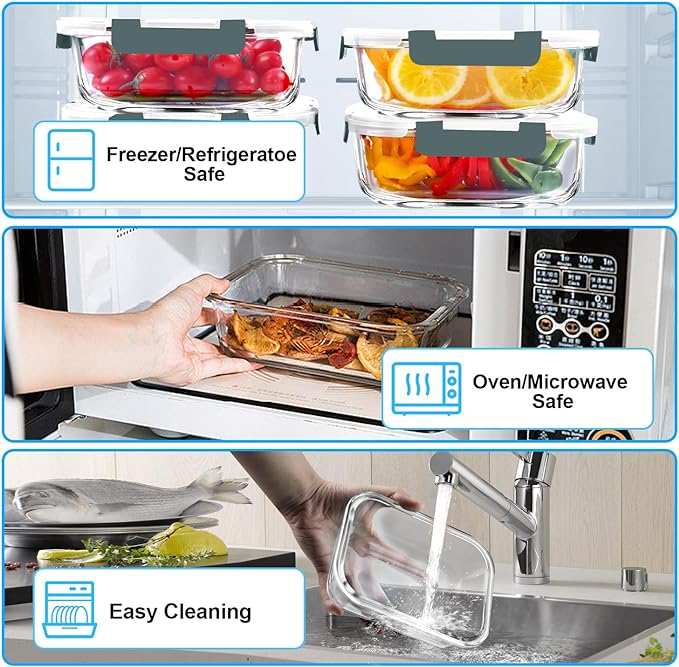 VERONES 5 Pack 36 OZ Glass Meal Prep Containers, Airtight Glass Lunch Containers Set, Glass Food Storage Containers with Lids,Exclusive of BPA, for Microwave, Oven, Freezer & Dishwasher Friendly,Grey