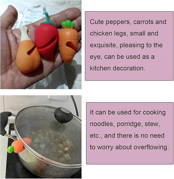 6 Pack Pot Lid Lifter Silicone Heat Resistant Spill Proof Pan Cover Stand Holder Clip Steam Releaser Stopper for Soup Pots Kitchen Gadgets (Carrot, Pepper, Chicken Leg 3 Style)