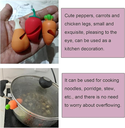 6 Pack Pot Lid Lifter Silicone Heat Resistant Spill Proof Pan Cover Stand Holder Clip Steam Releaser Stopper for Soup Pots Kitchen Gadgets (Carrot, Pepper, Chicken Leg 3 Style)