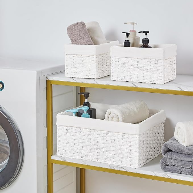 Vagusicc Wicker Basket, Set of 3 Hand-woven Storage Baskets for Organizing, Decorative Rectangle Wicker Storage Basket Bins with Handles, Small Toilet Paper Storage Baskets for Shelves & Decor, White