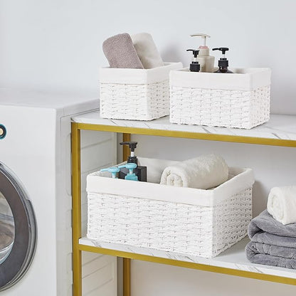 Vagusicc Wicker Basket, Set of 3 Hand-woven Storage Baskets for Organizing, Decorative Rectangle Wicker Storage Basket Bins with Handles, Small Toilet Paper Storage Baskets for Shelves & Decor, White