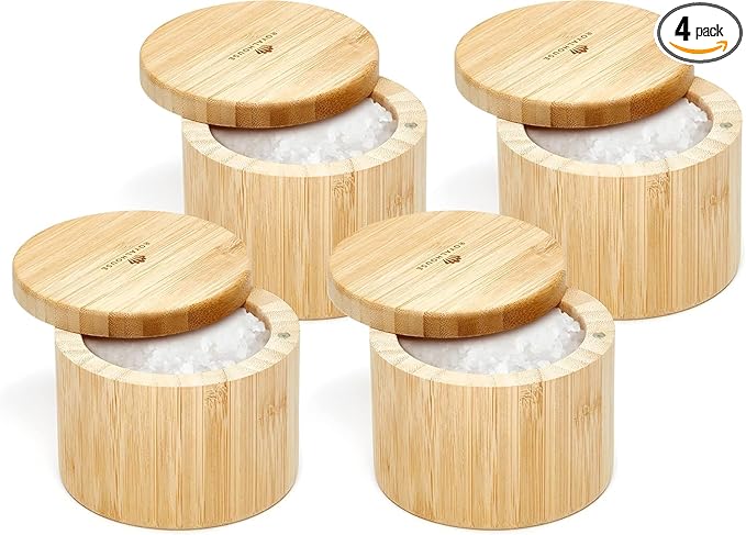 RoyalHouse Bamboo Salt Cellar Bamboo Storage Box with Magnetic Swivel Lid, 6 Ounce Capacity 4 Pack