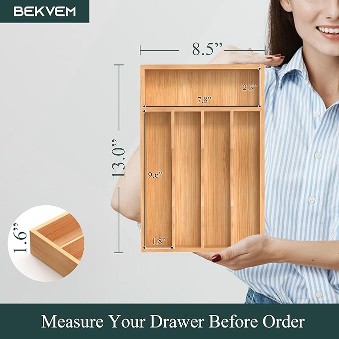 Silverware Organizer, Bamboo Kitchen Drawer Organizer, Utensil Holder, Cutlery Tray & Spoon Flatware Storage with Grooved Drawer Dividers (8.5''W x 13''D)