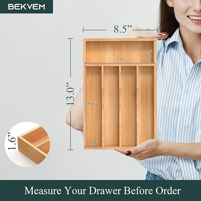 Silverware Organizer, Bamboo Kitchen Drawer Organizer, Utensil Holder, Cutlery Tray & Spoon Flatware Storage with Grooved Drawer Dividers (8.5''W x 13''D)