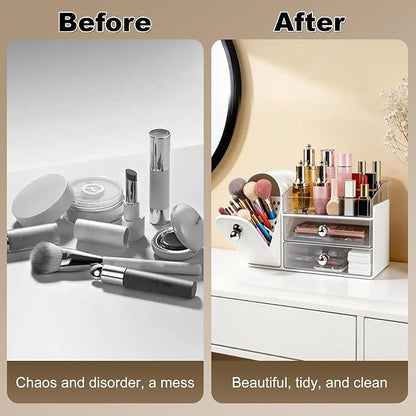 Makeup Organizer with Makeup Brush Holder, Vanity Organizer Large Cosmetic Display Cases, Skincare Organizers and Bathroom Countertop Organizer, Gifts for Women (White)