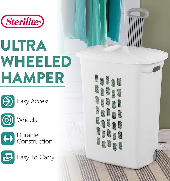 Sterilite 3-Pack Ultra Wheeled Hamper, Laundry Basket w/ Flip-Top Lid & Retractable Handle - Plastic Rolling Clothes Storage Cart with Ventilated Holes for Home, Apartment or Dorm