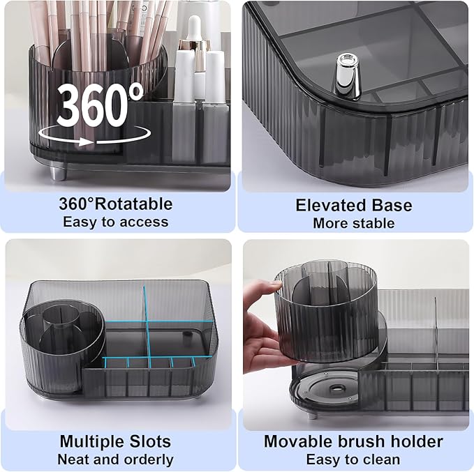 DASITON Large Capacity Makeup Organizer with 360° Rotating Makeup Brush Holder, Multi-Compartment Skincare and Cosmetic Storage for Vanity, Bathroom Countertop, Dresser, Desktop Storage Box (Gray)