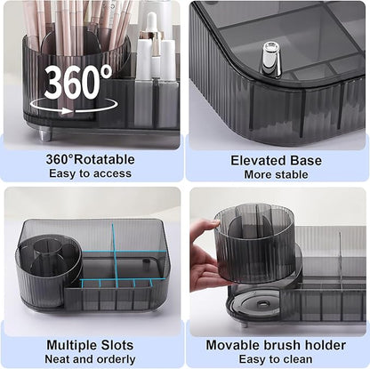 DASITON Large Capacity Makeup Organizer with 360° Rotating Makeup Brush Holder, Multi-Compartment Skincare and Cosmetic Storage for Vanity, Bathroom Countertop, Dresser, Desktop Storage Box (Gray)