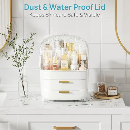 Vtopmart 3-Tier Skincare Makeup Organizer with Drawers and Lid for Vanity and Bathroom Countertop, Large Cosmetic Storage Box Case for Dresser, with Non-Slip Base