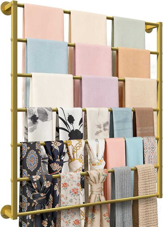Wall Mounted Scarf Rack, Gold Silk Scarves Hijab Hanger Organizer Metal Racks Wrapping Tissue Paper Ribbon Holder Towels Storage Display for Flower Shop Retail Store (Gold, 7T-31.5×35.4IN)