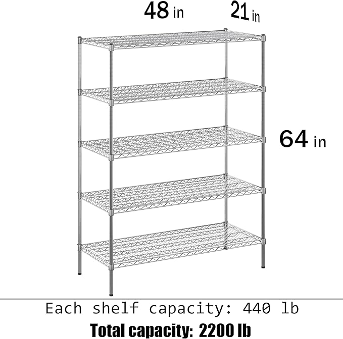 21" Deep x 48" Wide x 64" Height Wire Shelving Kit | 5-Tier | NSF Commercial Storage Rack Unit