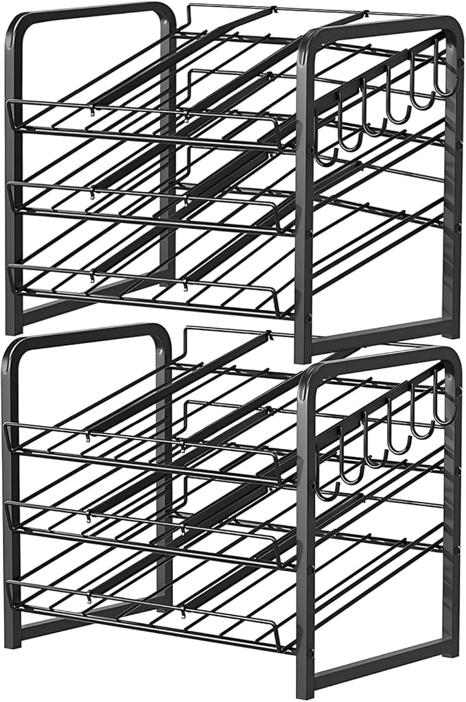 6-Tier Stackable Soda Can Rack Organizer for Pantry, Adjustable Can Dispenser Holds Up to 60 Cans, with 12 Hooks, Can Storage Holder for Various Ounces of Canned Food Soda Drinks, Black, 2 Pack