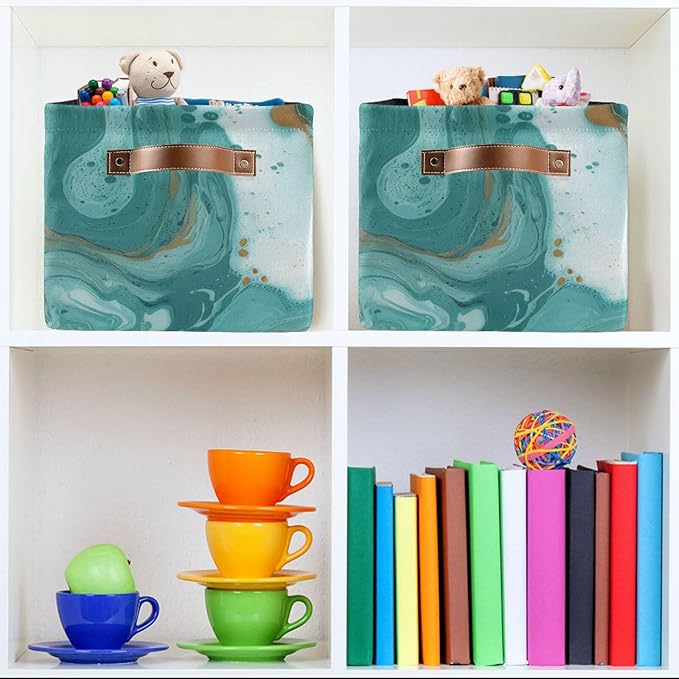 Turquoise Marble Texture Basket Bin, Large Storage Basket for Toy, Canvas Storage Basket for Clothes, Decorative Basket for Home Office (15x11x9.5inch)