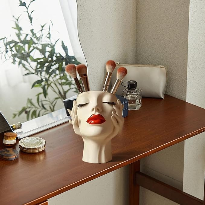 Women's Head Shape Boho Feminist Decoration, Minimalist Statue Storage Decor Face Makeup Brush Holder, Modern Statue Storage Makeup for Table Shelf Living Room Office (Beige 6.69 * 4.72 * 3.15in)