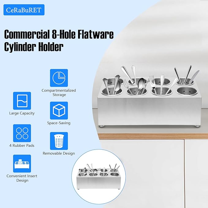 Commercial 8-Hole Stainless Steel Cylinder Flatware Silverware Utensil Holder Organizer Restaurant Silverware Organizer Countertop Cylinder Holder For Restaurants, Catering