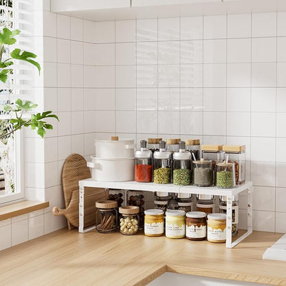 Cabinet Shelf,Expandable Adjustable Stackable Kitchen Organizer,for cabinets, Kitchens, countertops, bathrooms Shelf Organizer(1Pack/White,Large)