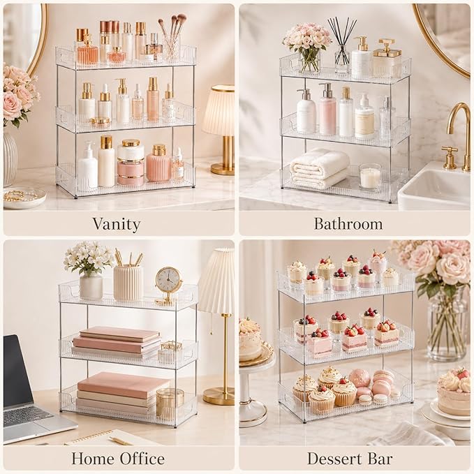 Goderewild 3 Tier Bathroom Counter Organizer, Multi-Purpose Cosmetics Skincare Shelf, Fits A4 Size Makeup Organizer for Office and Vanity Tray, Countertop Storage Solution for Kitchen,Bath.(Clear)