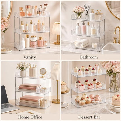 Goderewild 3 Tier Bathroom Counter Organizer, Multi-Purpose Cosmetics Skincare Shelf, Fits A4 Size Makeup Organizer for Office and Vanity Tray, Countertop Storage Solution for Kitchen,Bath.(Clear)