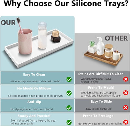 2 Pack Bathroom Tray Countertop, Large 12'' Shatterproof Silicone Vanity Tray Rectangular Toilet Tank Tray, Soap Dispenser Tray Sponge Holder for Kitchen Sink (Marble White)