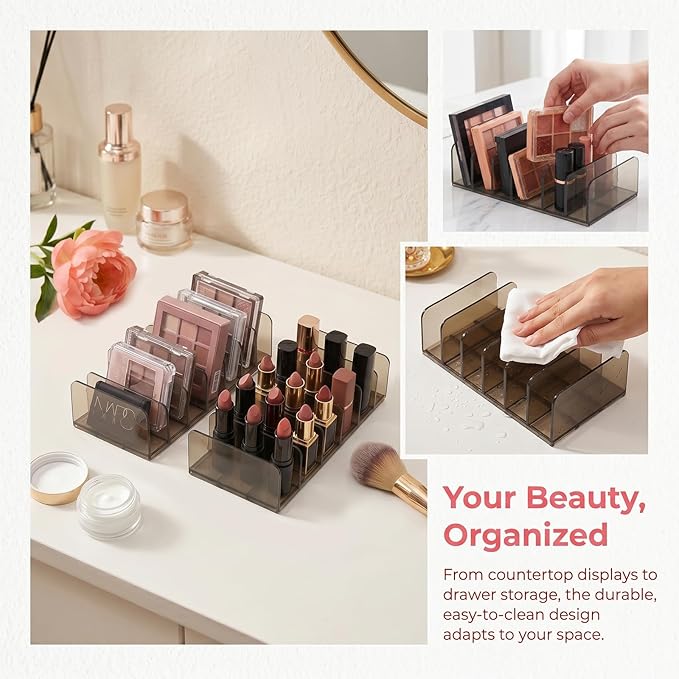 2 Pack Acrylic Makeup Palette Organizer, 7-Section Eyeshadow Palette Organizer Holder, Small Smoky Clear Cosmetic Display Storage for Drawer Vanity Countertop
