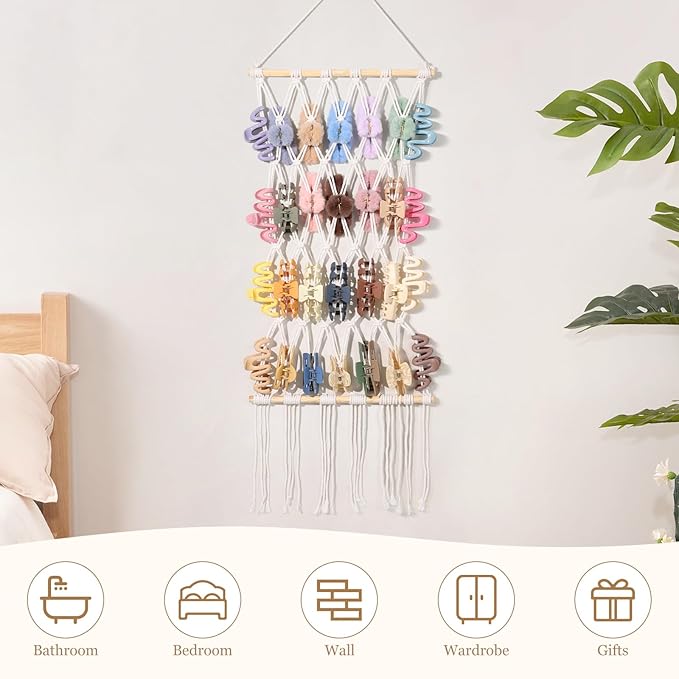 SNOWSTAR Macrame Claw Clip Organizer, Hanging Hair Clip Holder for Women Girls, 4-Tier Diamond-Shaped Grid Claw Clip Hanger, Hanging for Wall,Door,Closet. (white)