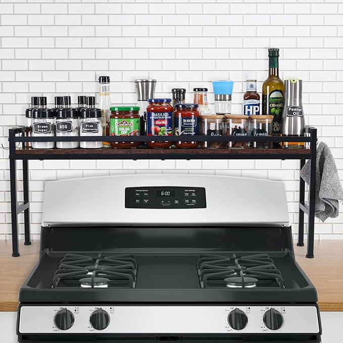 Spice Rack Shelf for Kitchen Stove，Stove Top Shelf with 4 hooks Extra Storage Countertop, Seasoning Organizer,Kitchen Organizers and Storage