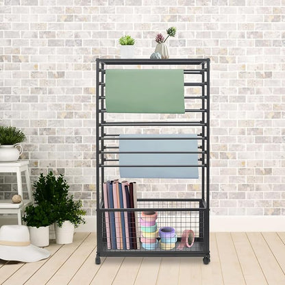 16-Tier Double-Sided Ribbon Holder Organizer Rack with Storage Basket & Wheels, Multifunctional Flower Wrapping Paper Display Stand for Craft Rooms, Flower Shops (Black, 31.5''W x 12.6''D x 59.06''H)
