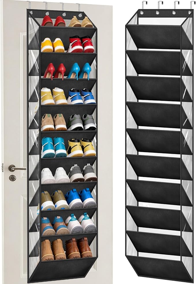 AOODA 10 Tier Clear Over the Door Shoe Organizer Storage, Deep Pockets Large Hanging Shoe Rack for Closet Door, Fit 20 Pairs Shoe Holder Hanger for Sneakers, Boots (Black)