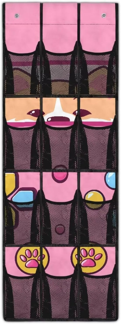 Over The Door Hanging Storage Pockets, Behind The Door Organizer, Closet Door Organizer with 12 Mesh Pockets for Bedroom Bathroom,Cute Dog