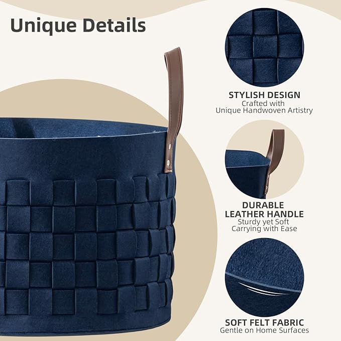 BOLDMONKEY Laundry Basket 20" x20 " x11.8 ",Extra Large Round Blanket Basket with Leather Handle, Felt Storage Basket for Living Room, Nursery, Dog Toys-Navy Blue