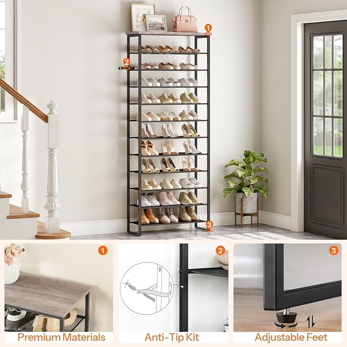 HOOBRO 12-Tier Shoe Rack for Entryway, 29.5" L Shoe Storage Organizer, Large Capacity Shoe Shelf for Closet, Front Door Entrance, Hallway, Holds 36-48 Pairs of Shoes, Greige and Black BG127XJ01