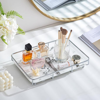 Dobbyby Vanity Tray Makeup Organizer Cosmetics Storage Bathroom Skincare Organizer Countertop Display Rack in Dresser Stainless Steel Shelf Marble Print Ceramic Trays