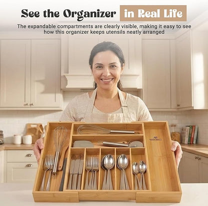 AB Home & Beauty Expandable Bamboo Drawer Organizer for Kitchen Utensils - Adjustable Silverware Organizer, Non-Slip Bamboo Cutlery Tray, Eco-Friendly Kitchen Drawer Storage