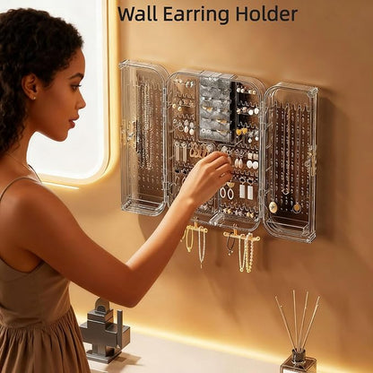Wall Mounted Jewelry Organizer -No Punching Foldable 4-Compartment Earring Holder for Necklaces, Rings, Bracelets | Jewelry Holder Wall for Women & Girls (Gray)