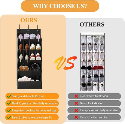 Over the Door Organizer 5 Tiers, Extra Large Behind Door Storage of 15 Compartments Fit 16-24 Pairs Hanging Shoe Rack Organiser for Closet, Deep Pocket Shoe Holder for Sneakers,Boots Storage