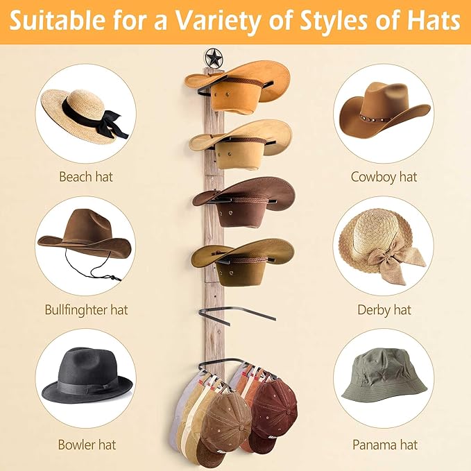 Cowboy Hat Rack Holder for Wall: 6 Pack Cowboy Hat Rack for Wall Mount, Metal Wild Western Style Design Hat Organizer Storage Cowboy Hats Hanger Hooks for Fedora, Sun Hats, Wide Brim