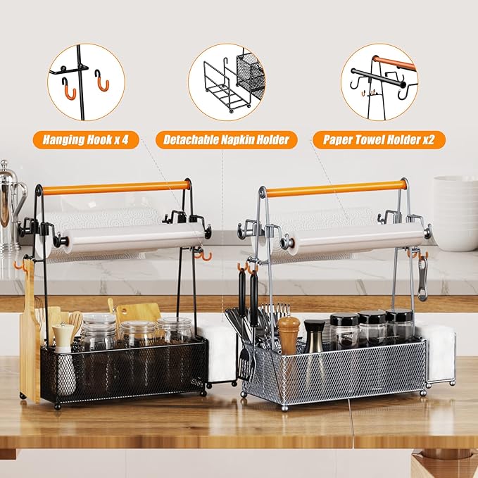 PHINOX Utensil Caddy, Silverware Condiment Caddy, Utensil Holder for Party, Picnic Flatware Caddy with Handle and Paper Towel Roll Holders, Utensil Cutlery Caddy for Camping, Kitchen